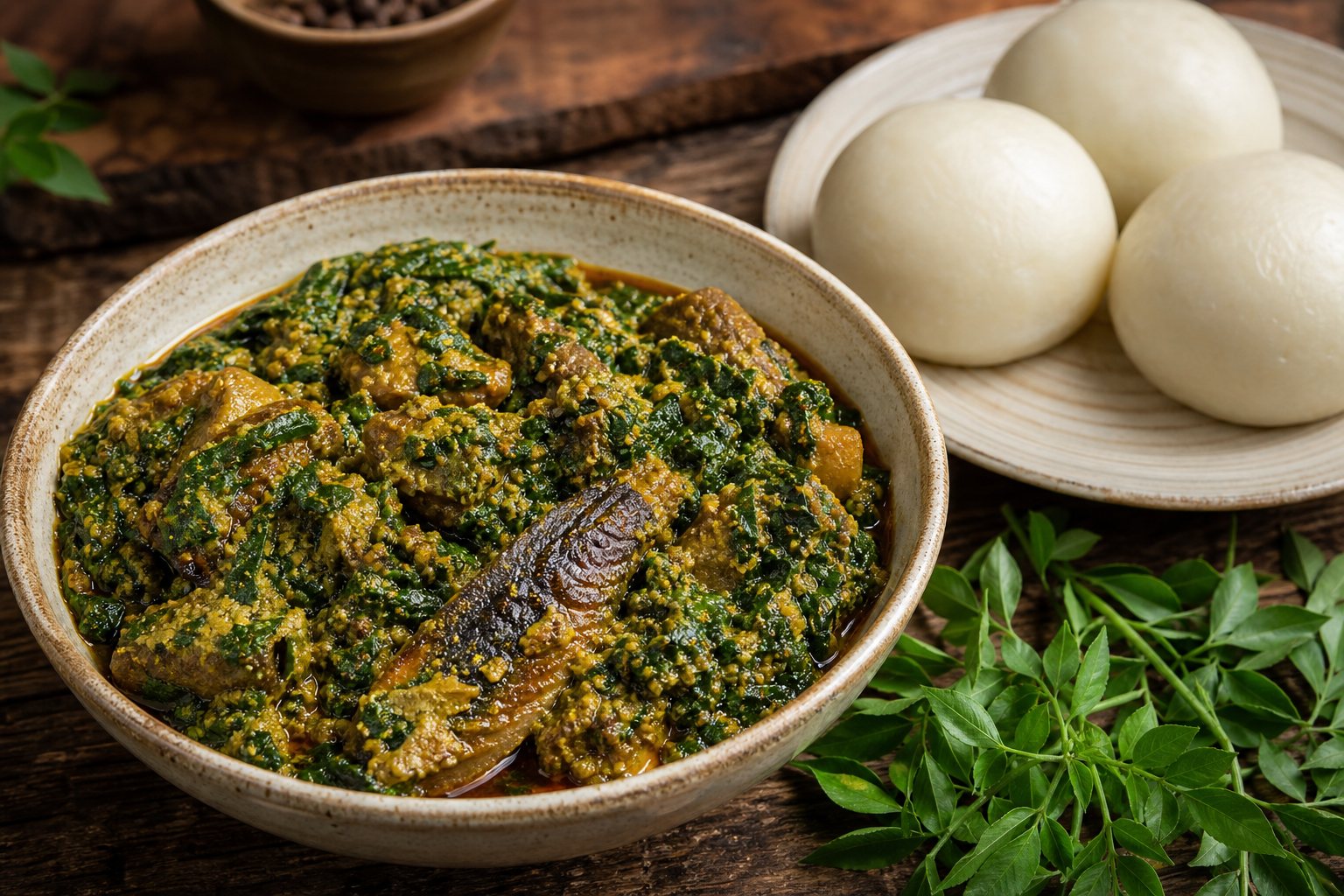 Egusi soup with pounded yam and smoked fish