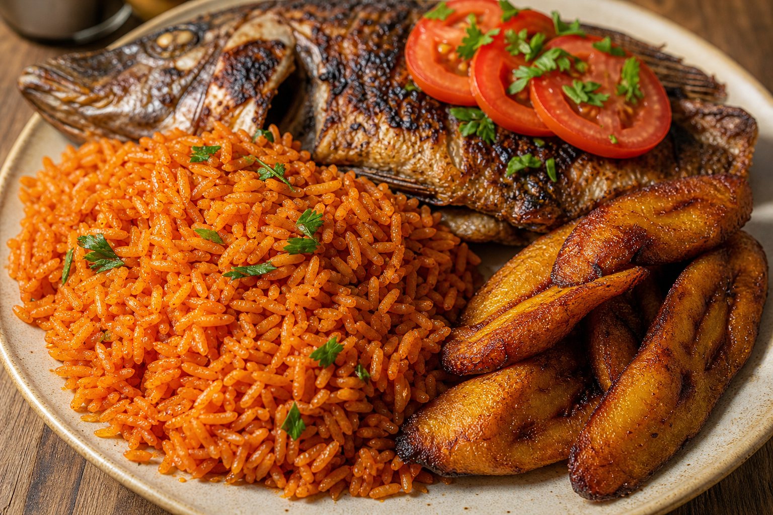 Jollof rice with grilled tilapia, fried plantain, and coleslaw